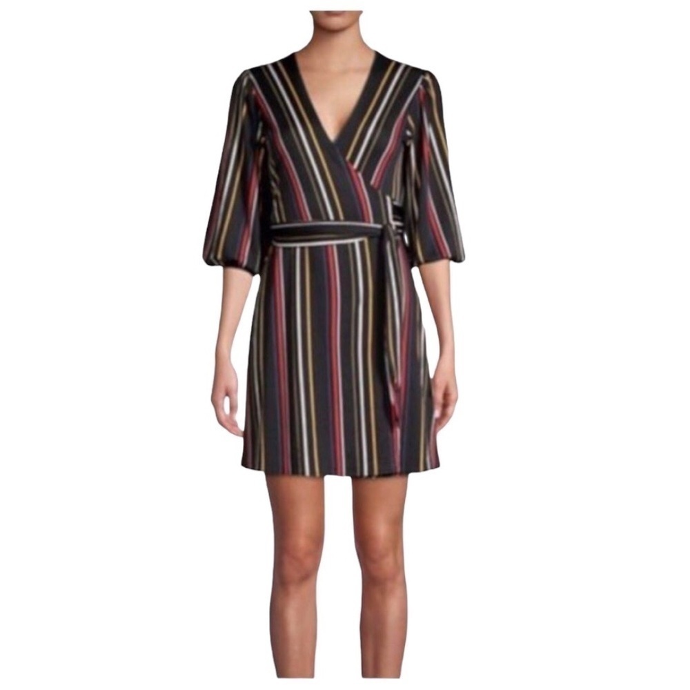 Highline COLLECTIVE Black Red Yellow Striped Mini Length True Wrap Dress Small